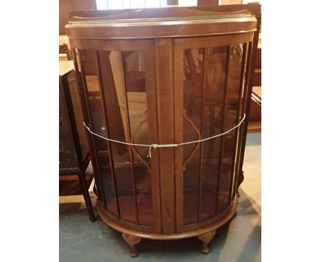 1930s bow fronted two glass panelled door display cabinet with three shelves 90 x 36 x 122 H cm