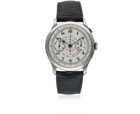 A GENTLEMAN'S LARGE SIZE STAINLESS STEEL SINGLE BUTTON CHRONOGRAPH WRIST WATCH CIRCA 1930s, WITH ENAMEL DIALMovement: Manual 