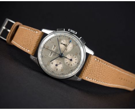 A RARE GENTLEMAN'S STAINLESS STEEL BREITLING DATORA TRIPLE CALENDAR CHRONOGRAPH WRIST WATCH CIRCA 1940s, REF. 785 WITH STEPPE