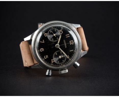 A RARE GENTLEMAN'S LARGE SIZE STAINLESS STEEL CONSUL ANTIMAGNETIC WATERPROOF CHRONOGRAPH WRIST WATCHCIRCA 1940s, WITH SPILLMA