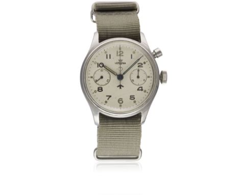 A GENTLEMAN'S STAINLESS STEEL BRITISH MILITARY LEMANIA SINGLE BUTTON ROYAL NAVY CHRONOGRAPH WRIST WATCH CIRCA 1940s, FIRST SE