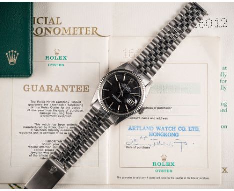 A GENTLEMAN'S STEEL & WHITE GOLD ROLEX OYSTER PERPETUAL DATEJUST BRACELET WATCHDATED 1970, REF. 1601 WITH MATT BLACK DIAL, AC