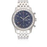 A GENTLEMAN'S UNWORN STAINLESS STEEL BREITLING NAVITIMER WORLD AUTOMATIC CHRONOGRAPH BRACELET