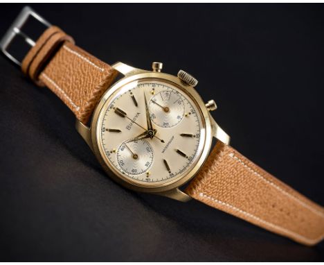 A FINE GENTLEMAN'S 18K SOLID GOLD BULOVA WATERPROOF CHRONOGRAPH WRIST WATCH CIRCA 1960Movement: 17J, manual wind, cal. 13 EA,