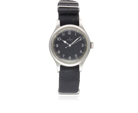 A GENTLEMAN'S STAINLESS STEEL BRITISH MILITARY OMEGA RAF PILOTS WRIST WATCH DATED 1956Movement: 16J, manual wind, cal. 30T2SC