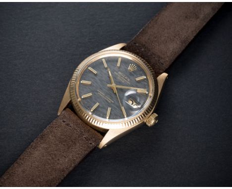 A RARE GENTLEMAN'S 18K SOLID PINK GOLD ROLEX OYSTER PERPETUAL DATE WRIST WATCHCIRCA 1972, REF. 1503 WITH "SLATE" GREY DIALMov