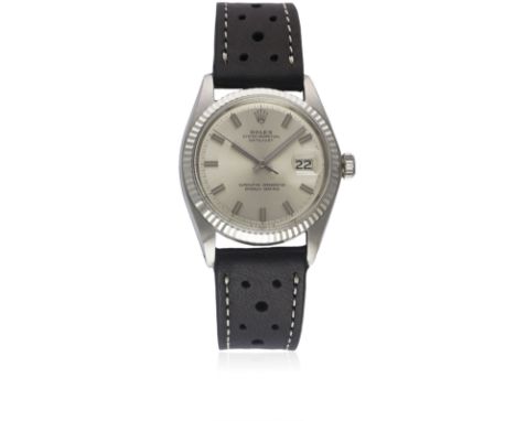 A GENTLEMAN'S STEEL & WHITE GOLD ROLEX OYSTER PERPETUAL DATEJUST "WIDE BOY" WRIST WATCHCIRCA 1971, REF. 1601 WITH "SIGMA" DIA