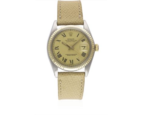 A GENTLEMAN'S STEEL & GOLD ROLEX OYSTER PERPETUAL DATEJUST WRIST WATCHCIRCA 1977, REF. 1601 WITH GOLD COLOURED "BUCKLEY" DIAL