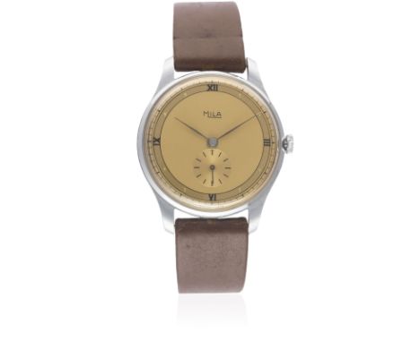 A GENTLEMAN'S "NOS" LARGE SIZE MILA WRIST WATCH CIRCA 1940s, WITH TWO TONE DIALMovement: Manual wind.Case: Diameter approx. 3