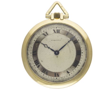 A 18K SOLID GOLD CARTIER POCKET WATCHCIRCA 1932, WITH GUILLOCHE DIAL & LONDON IMPORT HALLMARKS Movement: 19J, manual wind, si