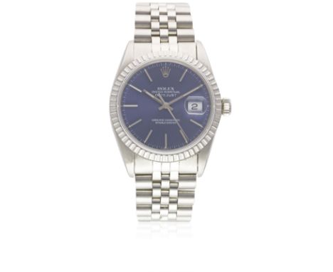 A GENTLEMAN'S STAINLESS STEEL ROLEX OYSTER PERPETUAL DATEJUST BRACELET WATCHCIRCA 1980, REF. 16030 WITH BLUE DIALMovement: 27