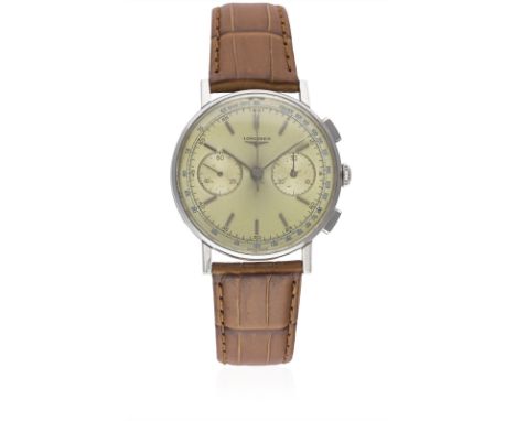 A GENTLEMAN'S STAINLESS STEEL LONGINES FLYBACK CHRONOGRAPH WRIST WATCHDATED 1964, REF. 7414 WITH LONGINES EXTRACT FROM THE AR