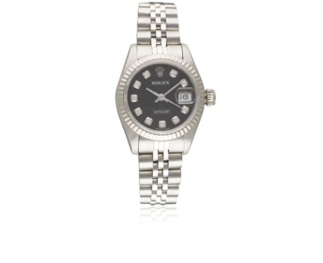 A LADIES STEEL & WHITE GOLD ROLEX OYSTER PERPETUAL DATEJUST BRACELET WATCH CIRCA 1990, REF. 69174 WITH ORIGINAL BLACK JUBILEE