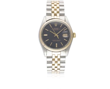 A RARE GENTLEMAN'S STEEL & PINK GOLD ROLEX OYSTER PERPETUAL DATEJUST BRACELET WATCHCIRCA 1972, REF. 1601 WITH MATT BLACK SIGM