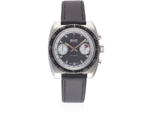A GENTLEMAN'S STAINLESS STEEL BWC CHRONOGRAPH WRIST WATCH CIRCA 1970s, WITH "PAUL NEWMAN" SINGER DIAL Movement: 17J, manual w