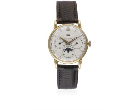 A GENTLEMAN'S 18K SOLID PINK GOLD UNIVERSAL GENEVE TRIPLE CALENDAR MOONPHASE WRIST WATCH CIRCA 1950s, REF. 11305Movement: Man