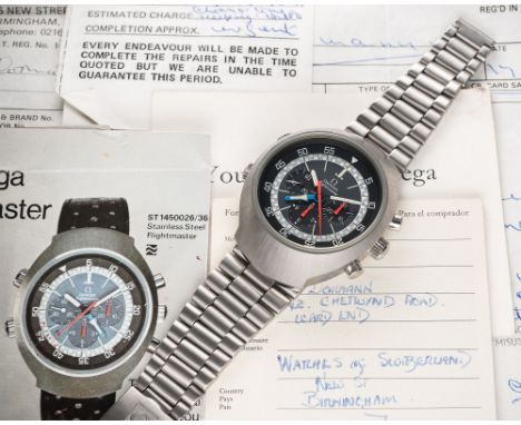 A GENTLEMAN'S STAINLESS STEEL OMEGA FLIGHTMASTER CHRONOGRAPH BRACELET WATCH DATED 1975, REF. 145.036 "2ND GEN", WITH ORIGINAL