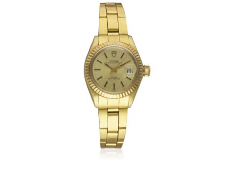 A LADIES GOLD PLATED ROLEX TUDOR PRINCESS OYSTERDATE BRACELET WATCHCIRCA 1977, REF. 9241/13 WITH ORIGINAL TUDOR CASE BACK STI