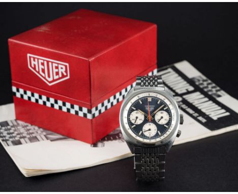 A RARE GENTLEMAN'S STAINLESS STEEL HEUER CARRERA CHRONOGRAPH BRACELET WATCH CIRCA 1971, REF. 73653 WITH HEUER BOX & CHRONOSPO