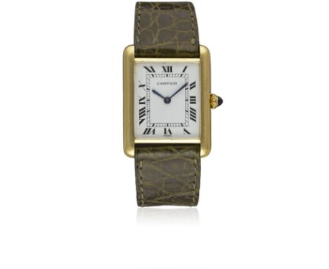 A GENTLEMAN'S 18K SOLID GOLD CARTIER PARIS TANK WRIST WATCHCIRCA 1990Movement: Manual wind, signed Cartier.Case: Approx. 31mm