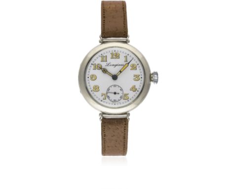 A GENTLEMAN'S SOLID SILVER LONGINES "OFFICERS" WRIST WATCH CIRCA 1920s, WITH ENAMEL DIALMovement: Manual wind, cal. 13.34, si