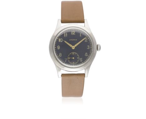 A GENTLEMAN'S STAINLESS STEEL ETERNA WRIST WATCH CIRCA 1940s, WITH GLOSS BLACK GILT DIALMovement: Manual wind, cal. 852T, sig