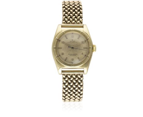 A GENTLEMAN'S SOLID GOLD ROLEX OYSTER PERPETUAL CHRONOMETER "BUBBLE BACK" BRACELET WATCHCIRCA 1940sMovement: Automatic, signe