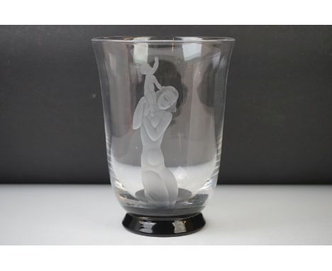 Vicke Lindstrand (1904-1983) for Orrefors - 1930s Clear glass vase with engraved &amp; frosted decoration of a nude mother an