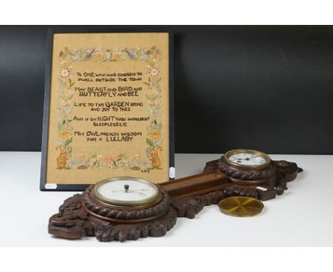 Late 19th / Early 20th century Combination Clock, Thermometer and Barometer, the carved oak case with a nautical theme, 67cm 