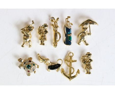 Nine Costume Jewellery Brooches including Enamel Dachshund and Enamel Golf Bag plus Ancho, Four Teddy Bears, Tortoise and Gol