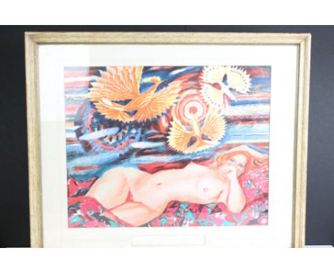 20th century Lithograph / Print Portrait of a Recumbent Nude Female and Exotic Birds in vivid tones, signed in pencil, 39cm x