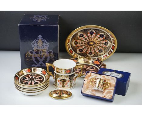 Royal Crown Derby Imari pattern ceramics, 11 pieces, to include 6 x circular pin dishes (10.5cm diameter - pattern 1128), twi