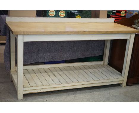 Pine and Cream Distressed Painted Kitchen Work Table with shelf below, 152cm long x 60cm deep x 84cm high 