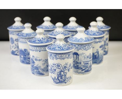 Ten Spode Blue Room Collection herb &amp; spice jars and covers, to include Bay, Sage, Cinnamon, Mixed Spice, Rosemary, etc 