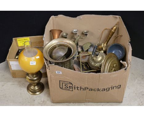 Large Quantity of Copper, Brass and metal ware  including Brass Stick Stand, Brass Oil Lamp, Brass Spirit Kettle, GWR Carriag