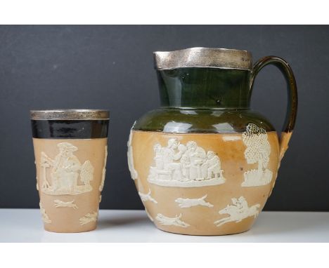 Late Victorian Doulton Lambeth Silver-mounted Stoneware Jug and Beaker, with applied figural and hunting motifs, hallmarked L
