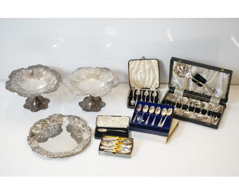 Pair of Silver Plated Pierced Footed Comports together with a Silver Tray and Various Cased Cutlery 