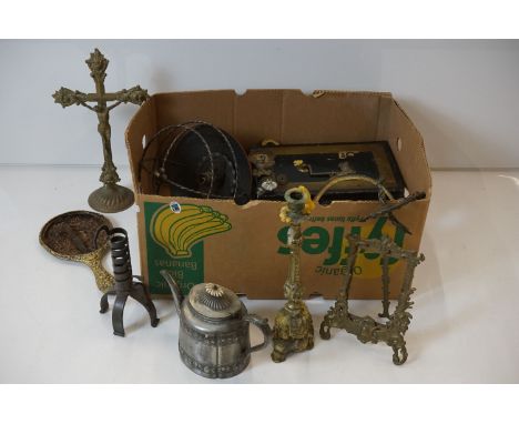 Mixed Lot of Metalware including Victorian Cash Tin, Brass Altar Crucifix, Brass Easel Picture Frame, Candlesticks, etc 