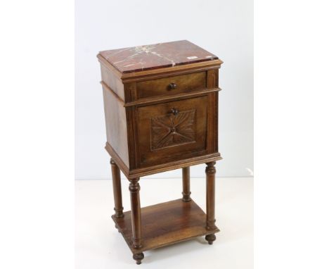 19th century Bedside Cabinet, the marble top over a single drawer, pot cupboard with drop front door, over shelf below, 43cm 