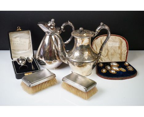 A small group of collectables to include silver plated teapot, antique costume jewellery, hallmarked silver Brush set and a h