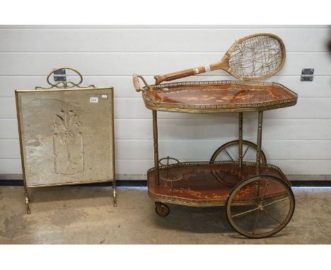 Mid century Retro Italian Sorrento Marquetry Inlaid Drinks Trolley, 75cm long together with a Brass Framed Mirrored Firescree
