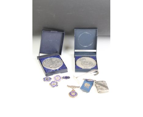 A group of mixed collectables to include a vesta case, silver medal, silver food pusher and a group of badges....etc. 