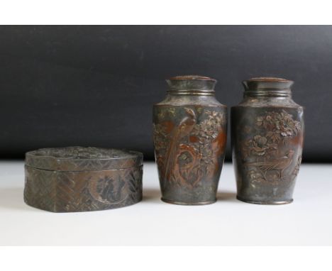 Pair of Japanese metal storage jars &amp; covers relief decorated with dragons and birds, with inner lids (measure 12cm tall)