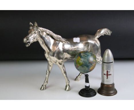 Aluminium Trench Art World War One Moneybox, 18cm high together with White Metal Model of a Horse, 44cm long and a Small Glob