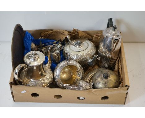 Victorian Silver Plate Tea Service comprising Teapot, Hot Water Jug, Milk and Sugar with engraved and embossed foliate decora