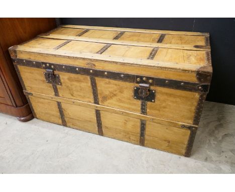 Late 19th / Early 20th century Pine Iron Bound Travelling Trunk with brass studs, 99cm long x 50cm wide x 50cm high 