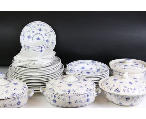 Collection of ' Denmark Blue ' blue &amp; white ceramics to include Furnivals (2 tureens &amp; covers, 2 large circular servi