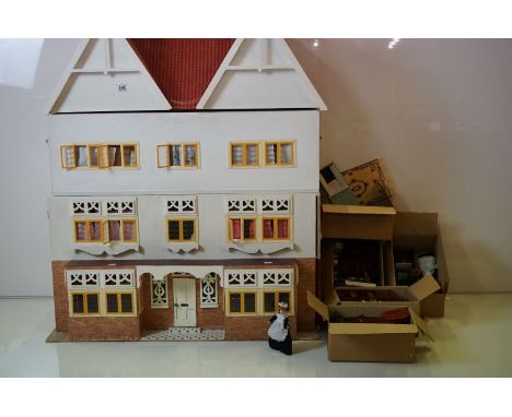 Large Three Storey Doll's House with double pitched tile roof, complete with Doll's House Furniture for each room and dolls 