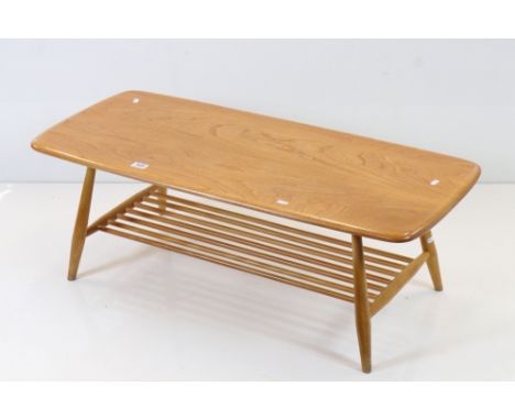 Ercol Blonde Elm and Beech Coffee Table with slatted shelf below, model 459, 104cm long x 37cm long 