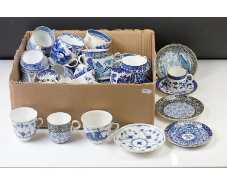 Collection of mixed blue &amp; white cups and saucers, 19th century onwards, to include Royal Crown Derby, Davenport, Copelan